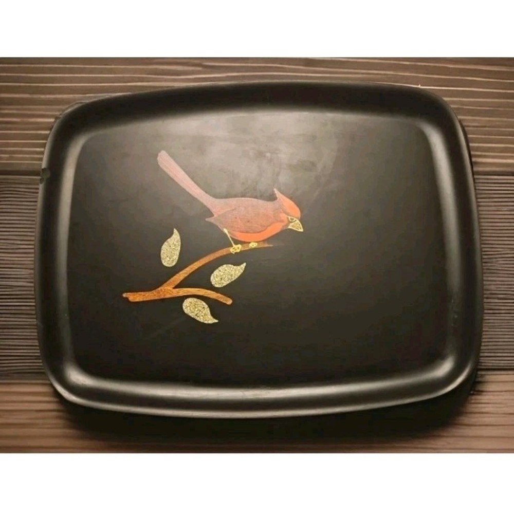 Vintage COUROC Bar Serving Tray‎ Inlaid Brass Wood Metal Red Cardinal Bird As IS